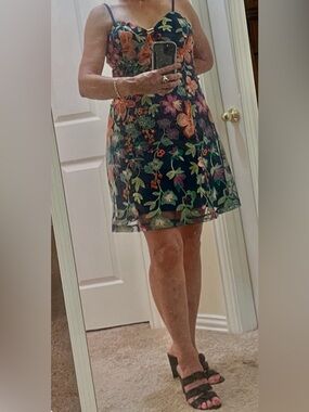 NWT! Elegant and Chic Guess Navy Floral Embroidered Spaghetti Strap Dress